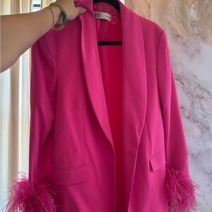 Vibrant Pink Feather-Trimmed Women's Blazer